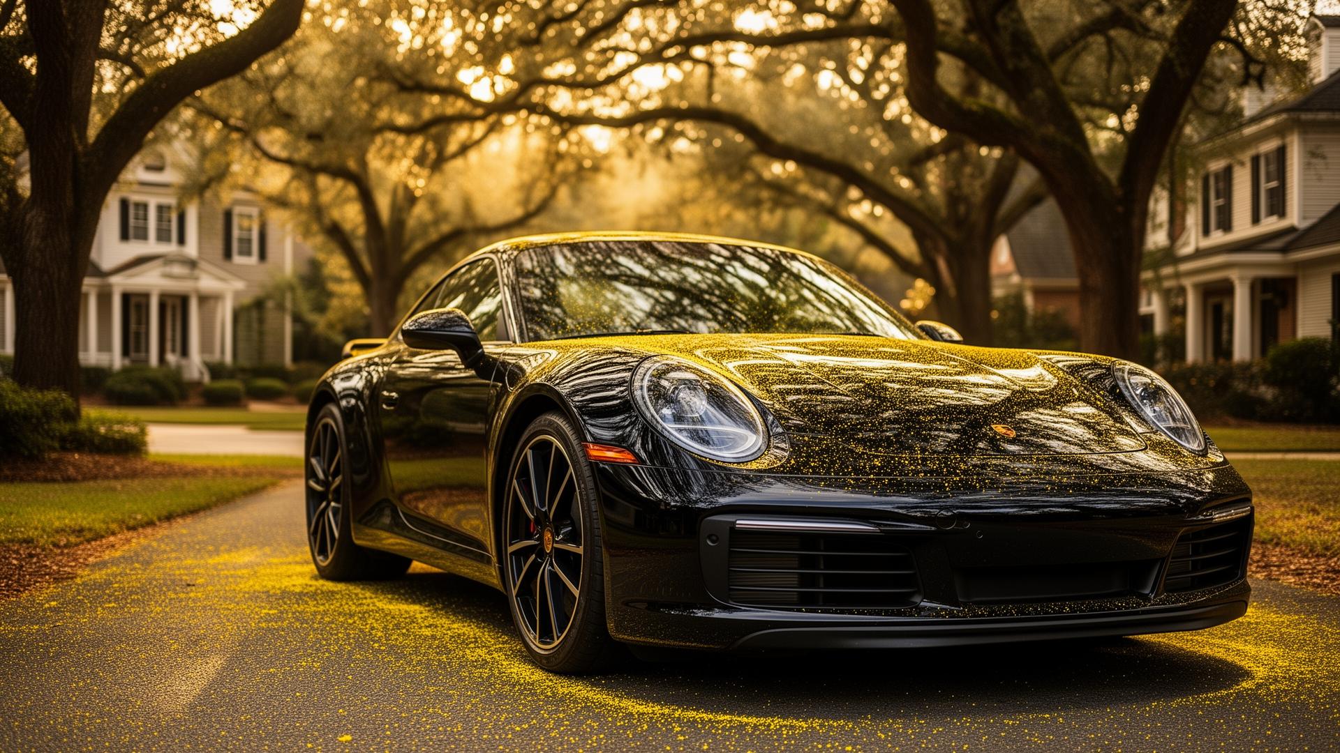 Black Porsche 911 covered in yellow pollen parked under tree canopy in an Atlanta-area suburban driveway