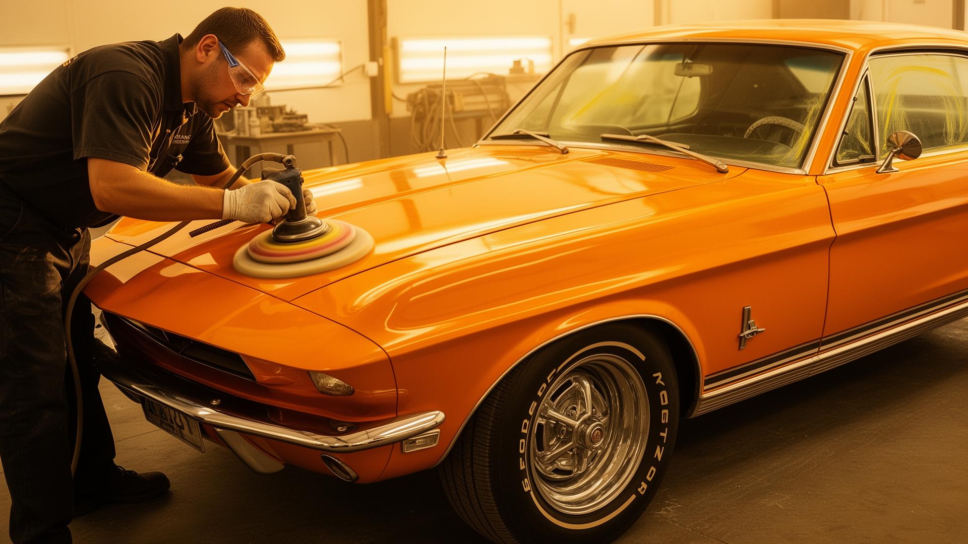 Machine polishing a dark luxury vehicle during paint correction in an Alpharetta, GA garage